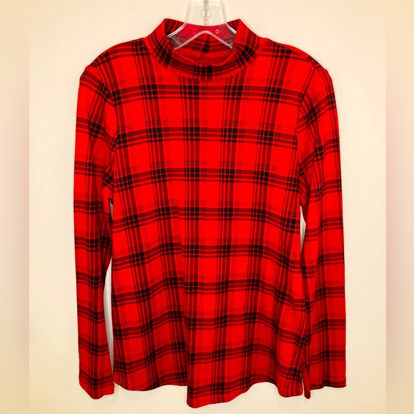 Charter Club Mock Turtleneck Pima Cotton Red with Black Plaid - Picture 1 of 4